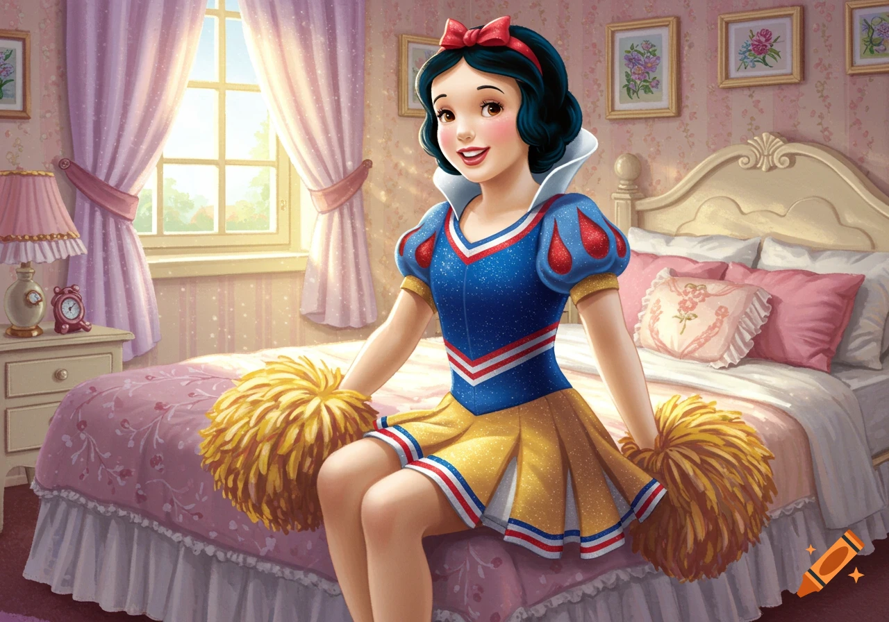 Snow White in a cheerleader outfit sits on a bed in a pink, girly bedroom with two pom-poms.