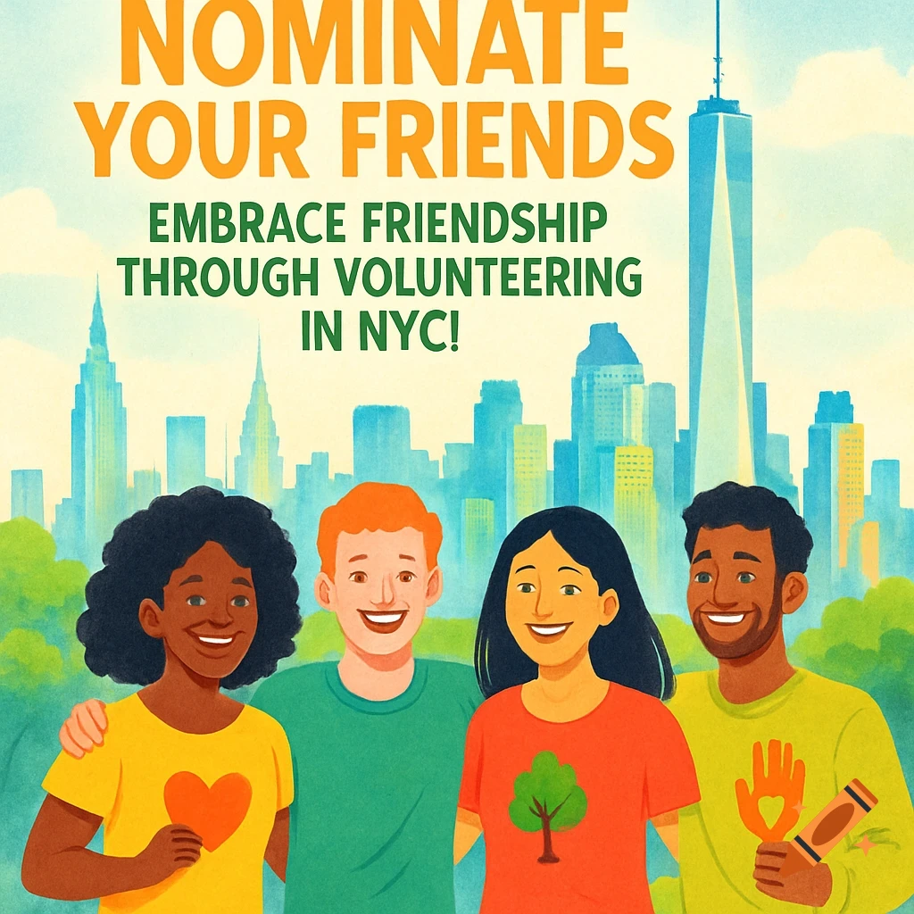 A colorful illustration of four diverse friends smiling in front of the NYC skyline with text 'NOMINATE YOUR FRIENDS EMBRACE FRIENDSHIP THROUGH VOLUNTEERING IN NYC!'