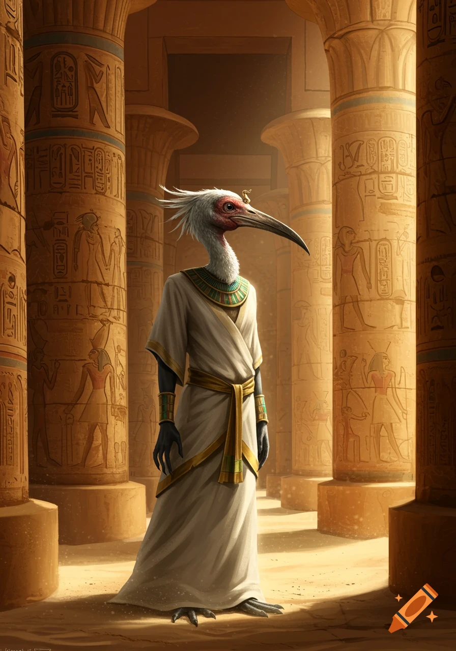 An ibis-headed humanoid in white and gold robes stands in an ancient Egyptian temple with hieroglyphics on pillars.