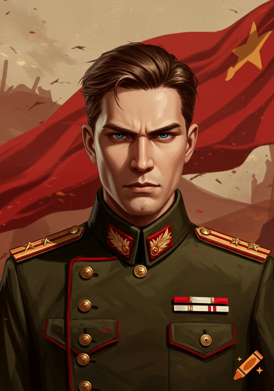 A stern-faced man with brown hair and blue eyes in a military uniform, against a red flag background, in a propaganda art style.