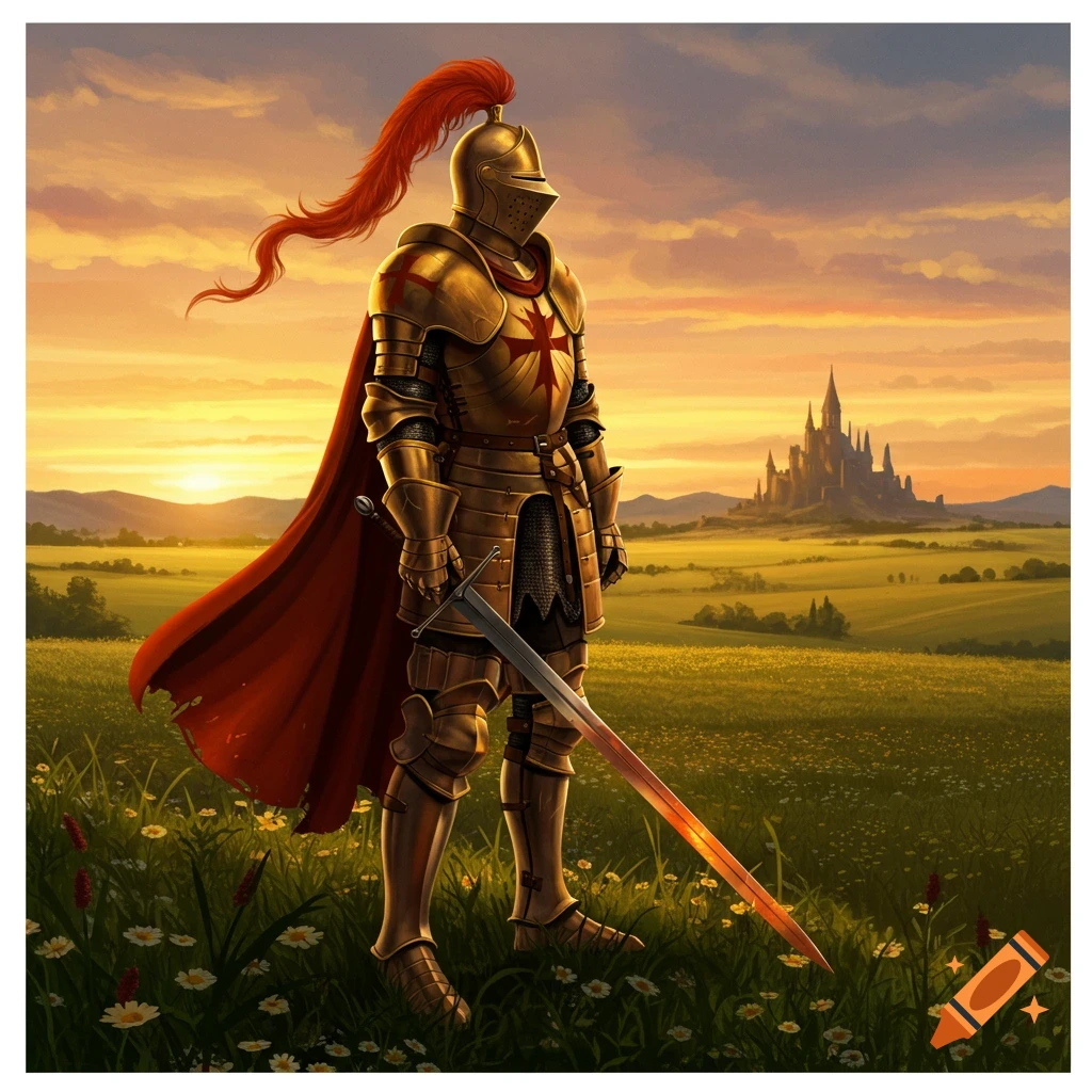 A knight in golden armor and a red cape stands in a field with a castle in the background at sunset.