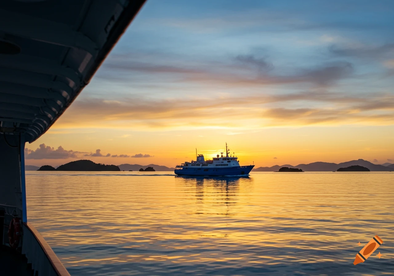 A boat cruises on calm water at sunset with islands on the horizon, seen from another vessel.