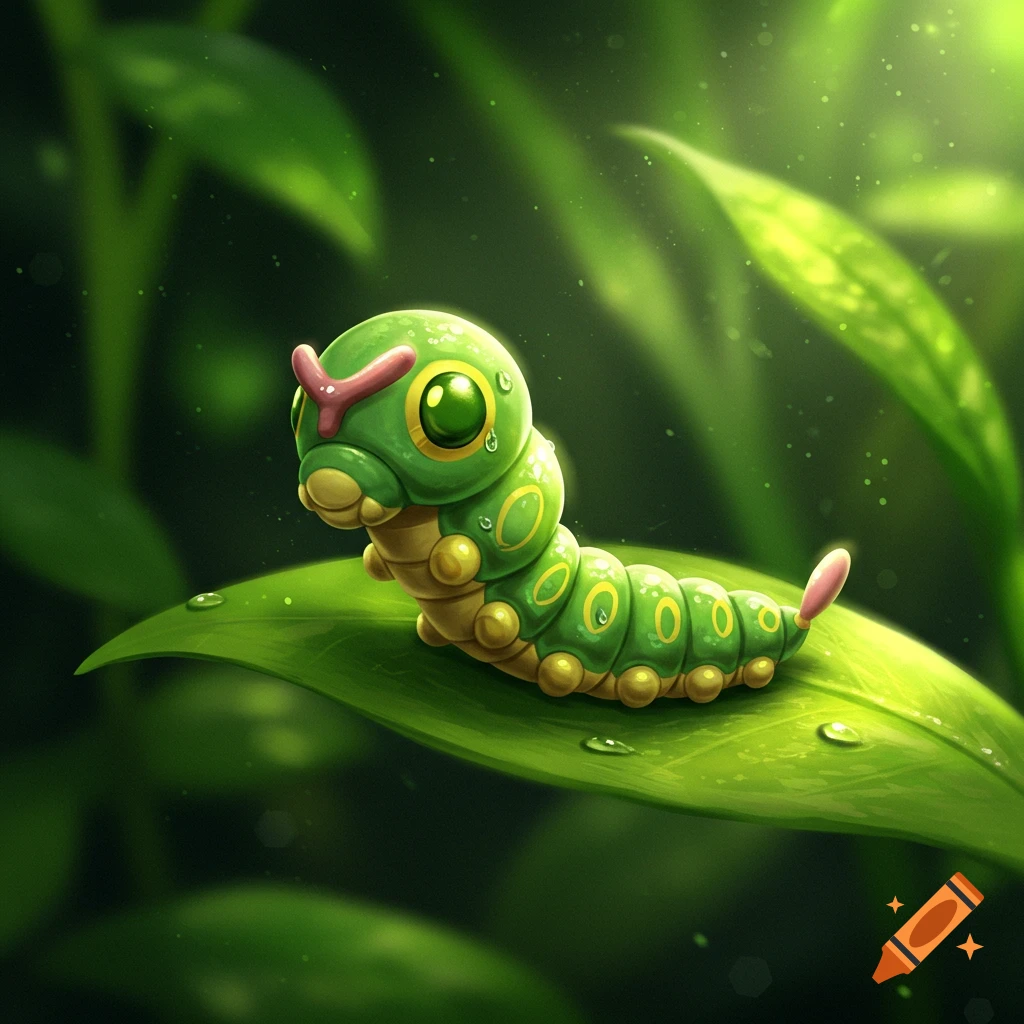 A vibrant illustration of a cute green Caterpie with red antennae resting on a dew-covered green leaf.