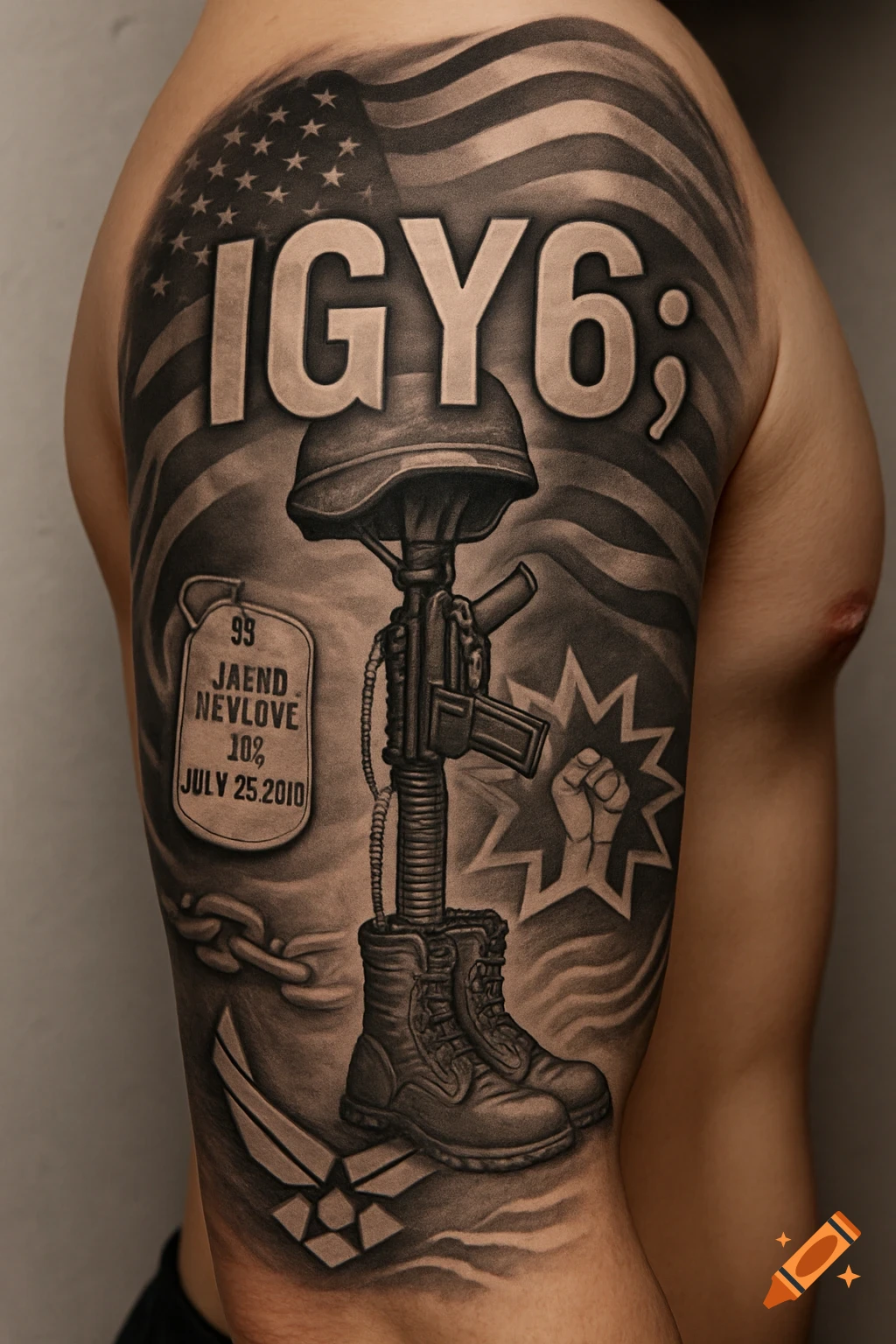 Realistic grayscale tattoo sleeve with American flag, soldier's cross, dog tags, 'IGY6;', broken chain, and Black liberation fist.