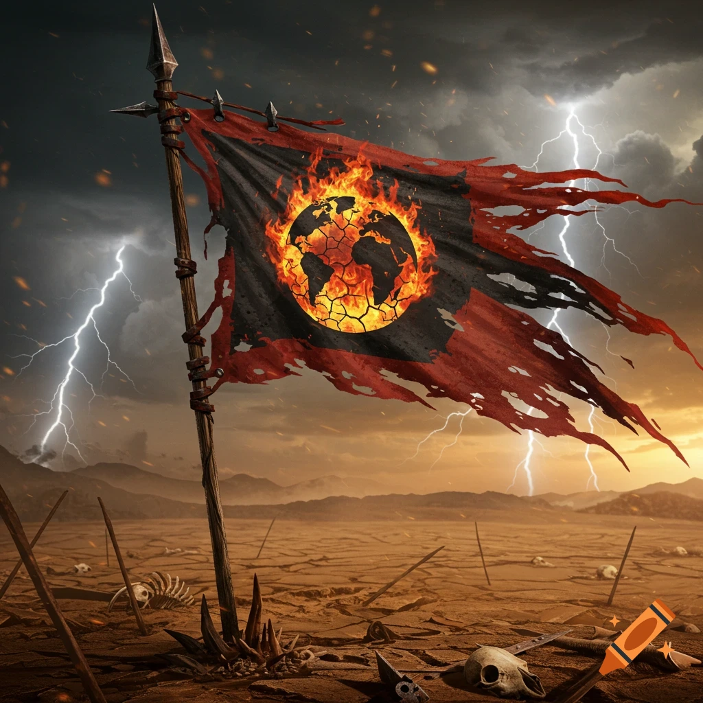 A tattered black and red flag with a burning, cracked globe, planted in a desolate wasteland under a stormy, lightning-filled sky.