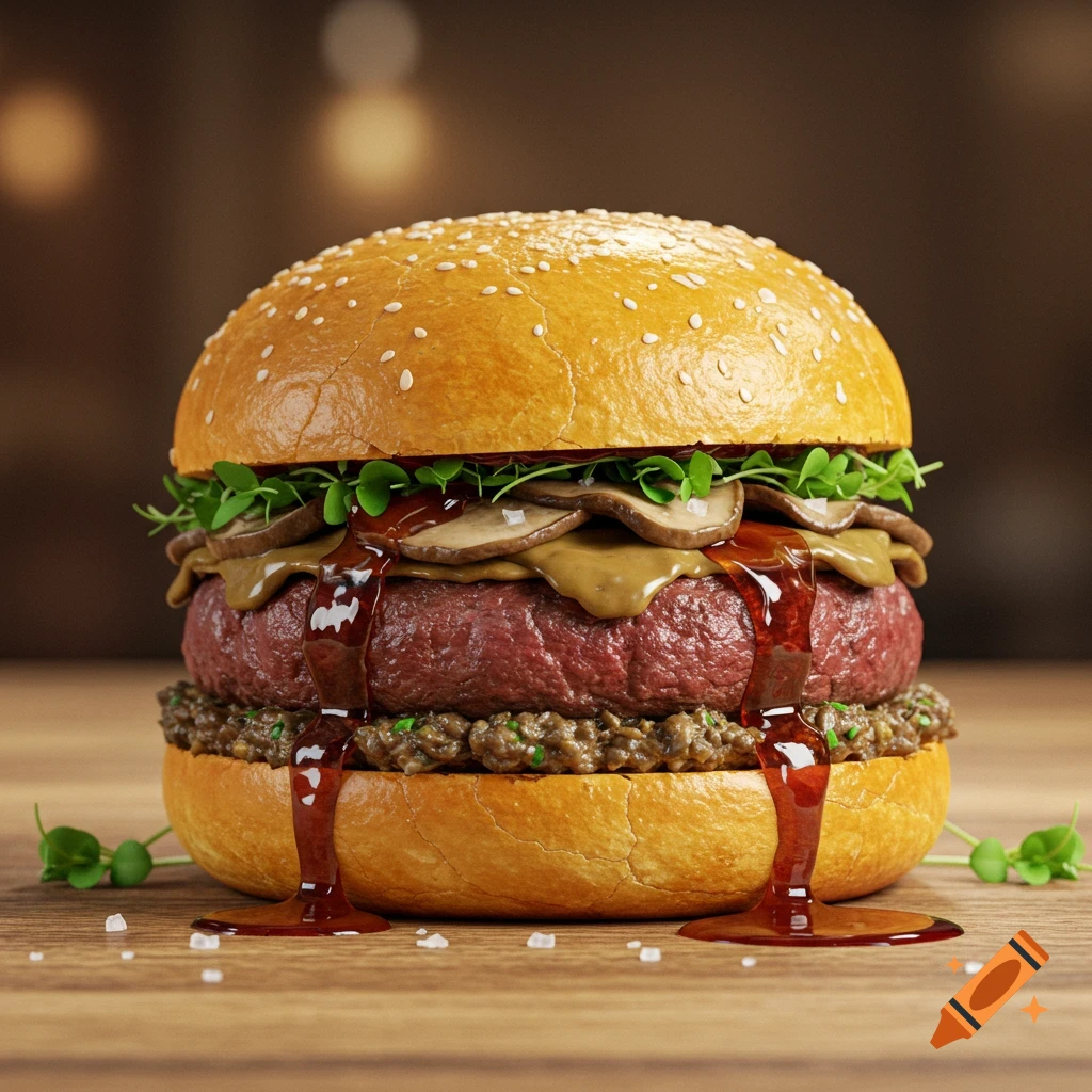 A close-up, photorealistic image of a gourmet burger with a thick patty, mushrooms, microgreens, and dripping sauces on a wooden surface.
