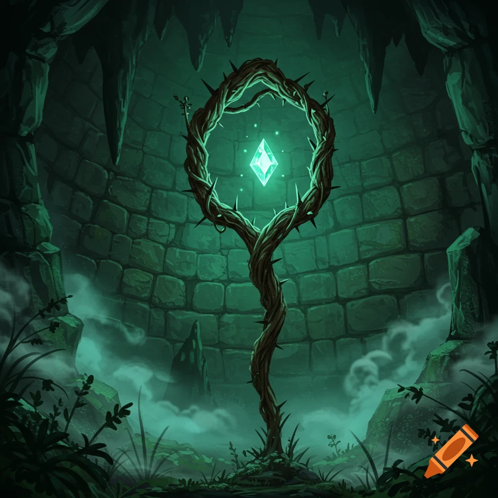A glowing greenish-blue crystal hovers within a thorny vine structure in a dark, ancient stone chamber.