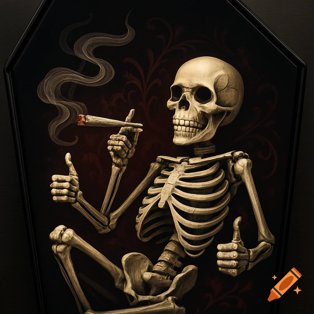 A detailed skeleton lies on its back within a coffin-shaped frame, holding a lit joint in its mouth and giving a thumbs-up gesture.