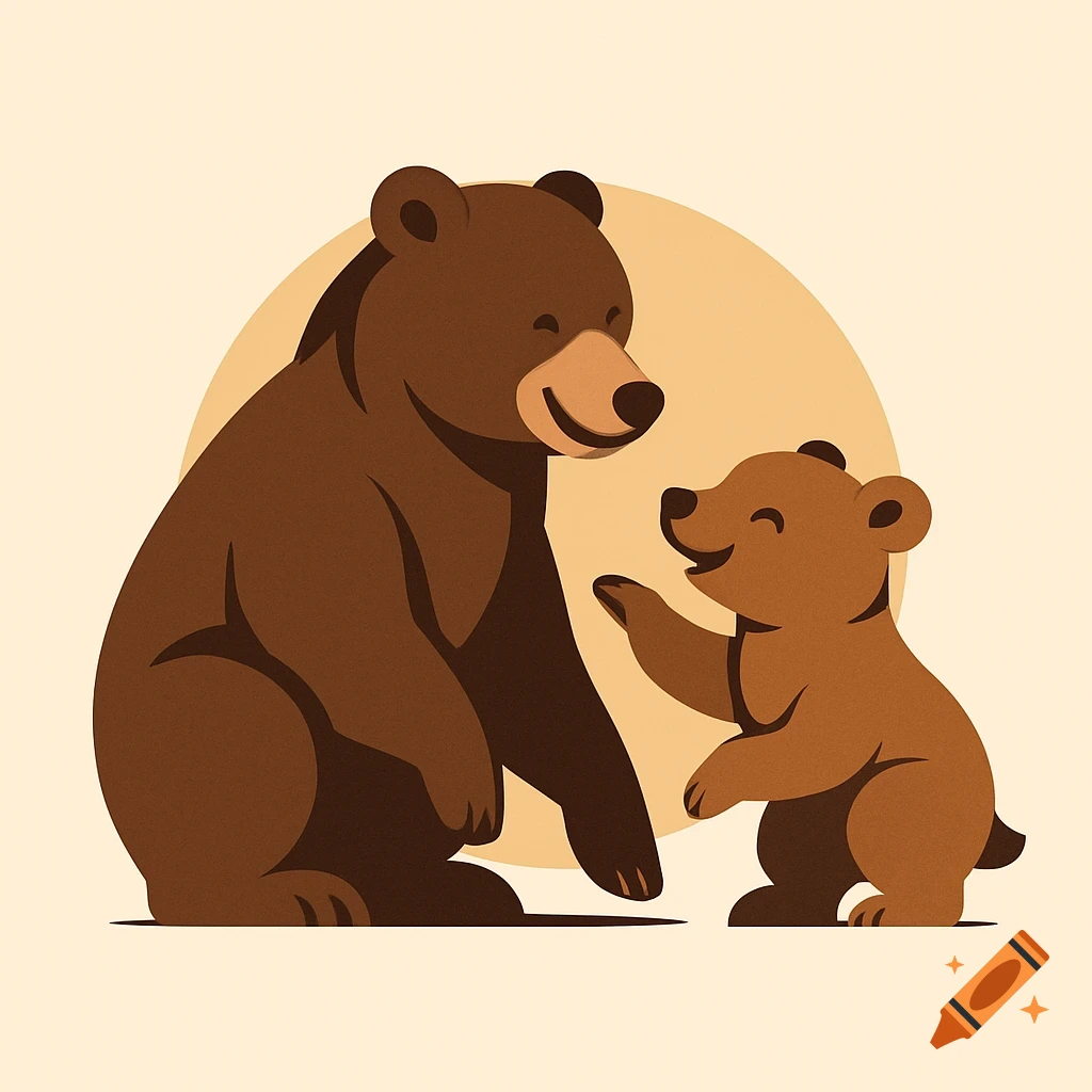 A stylized flat illustration of a large brown bear sitting with a smaller cub reaching up, against a light yellow circle.