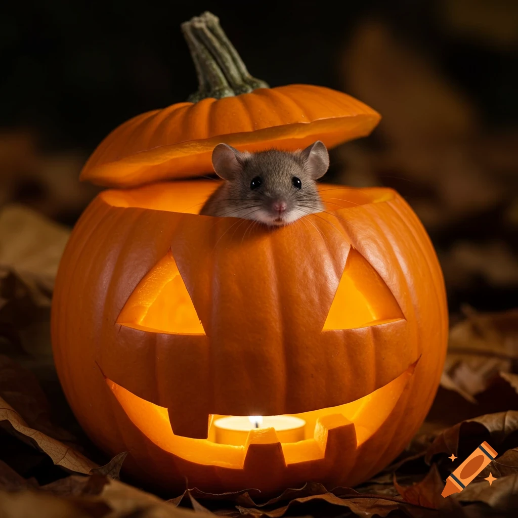 A small mouse peeks out of a glowing, carved jack-o'-lantern surrounded by autumn leaves.