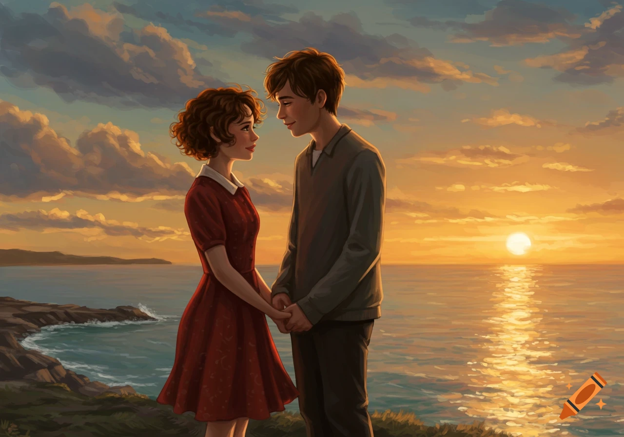 A young man and woman holding hands, looking at each other by the ocean at sunset, in an illustration style.