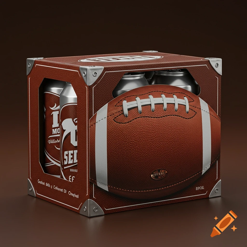 Photorealistic image of a brown four-pack can box designed like a football, with silver cans visible inside.