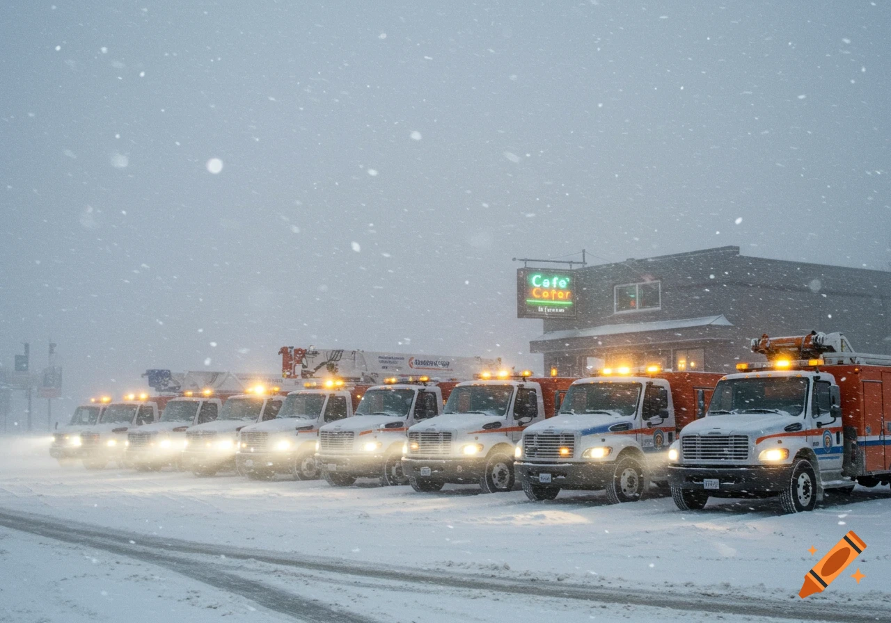 A line of utility trucks with amber lights on, parked in front of a cafe sign during a heavy blizzard.
