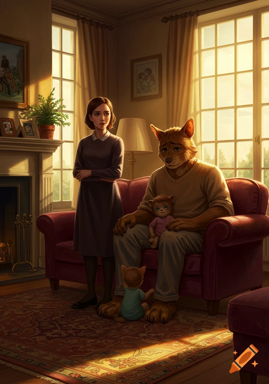 A human woman stands by a sofa, looking disappointed, as a furry man sits on it with a small furry child on his lap, and another furry child sits on the floor in a sunlit living room.