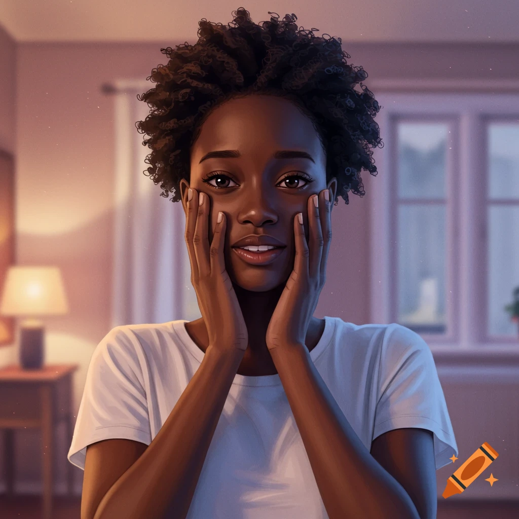 Animated portrait of a young Black woman with curly hair, hands on her cheeks, smiling softly in a room with a lamp.