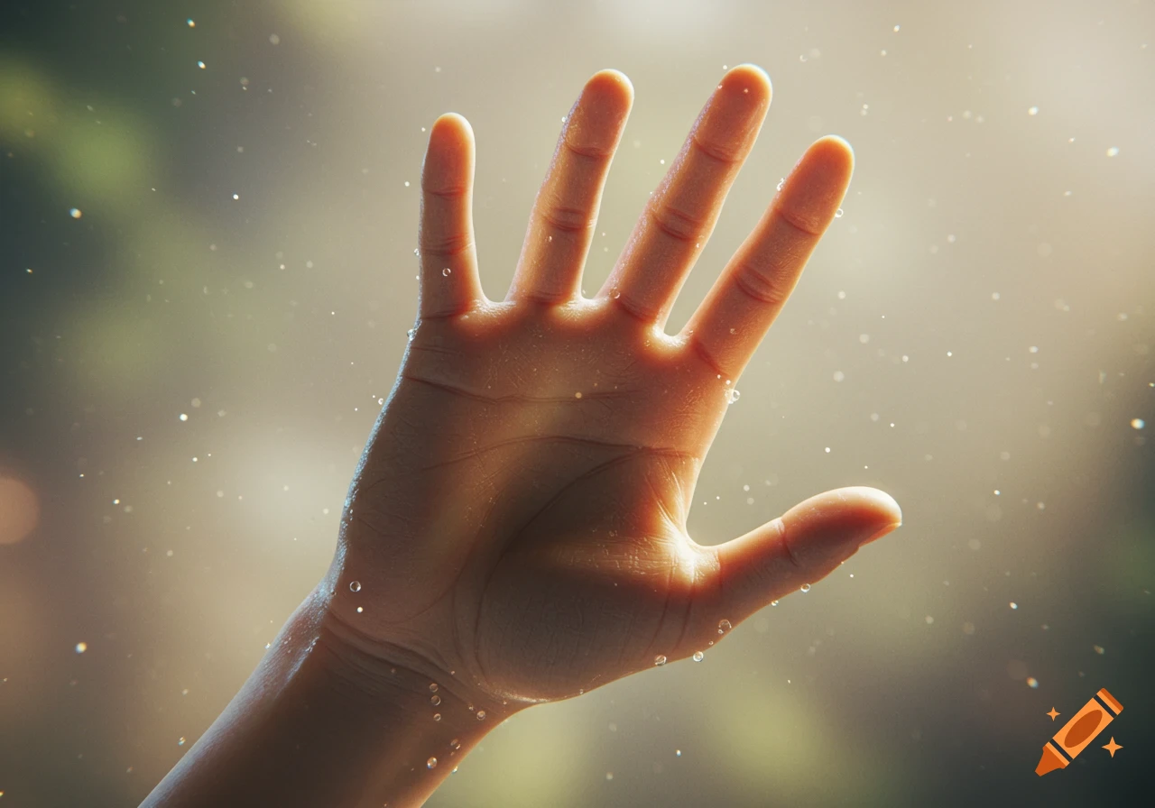 A close-up, backlit photorealistic image of a human hand covered in water droplets, reaching upwards into soft light.