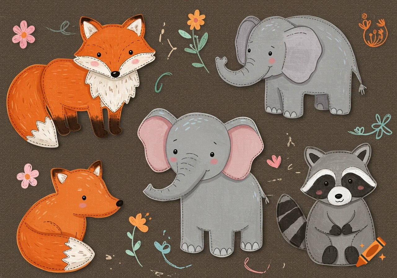 Cartoon stitched patch animals including two foxes, two elephants, and a raccoon, on a textured brown background with small flowers.