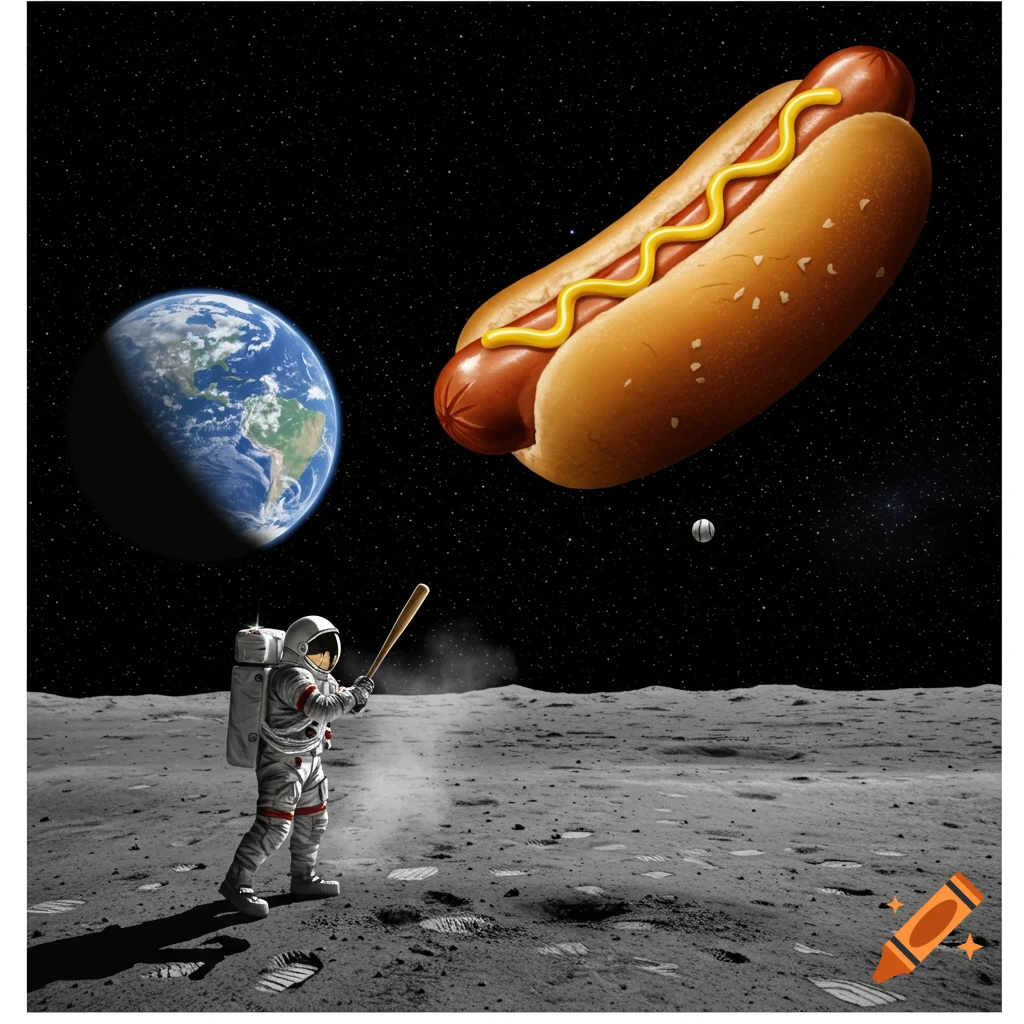 An astronaut on the moon prepares to hit a giant hot dog floating in space with a baseball bat, with Earth in the background.
