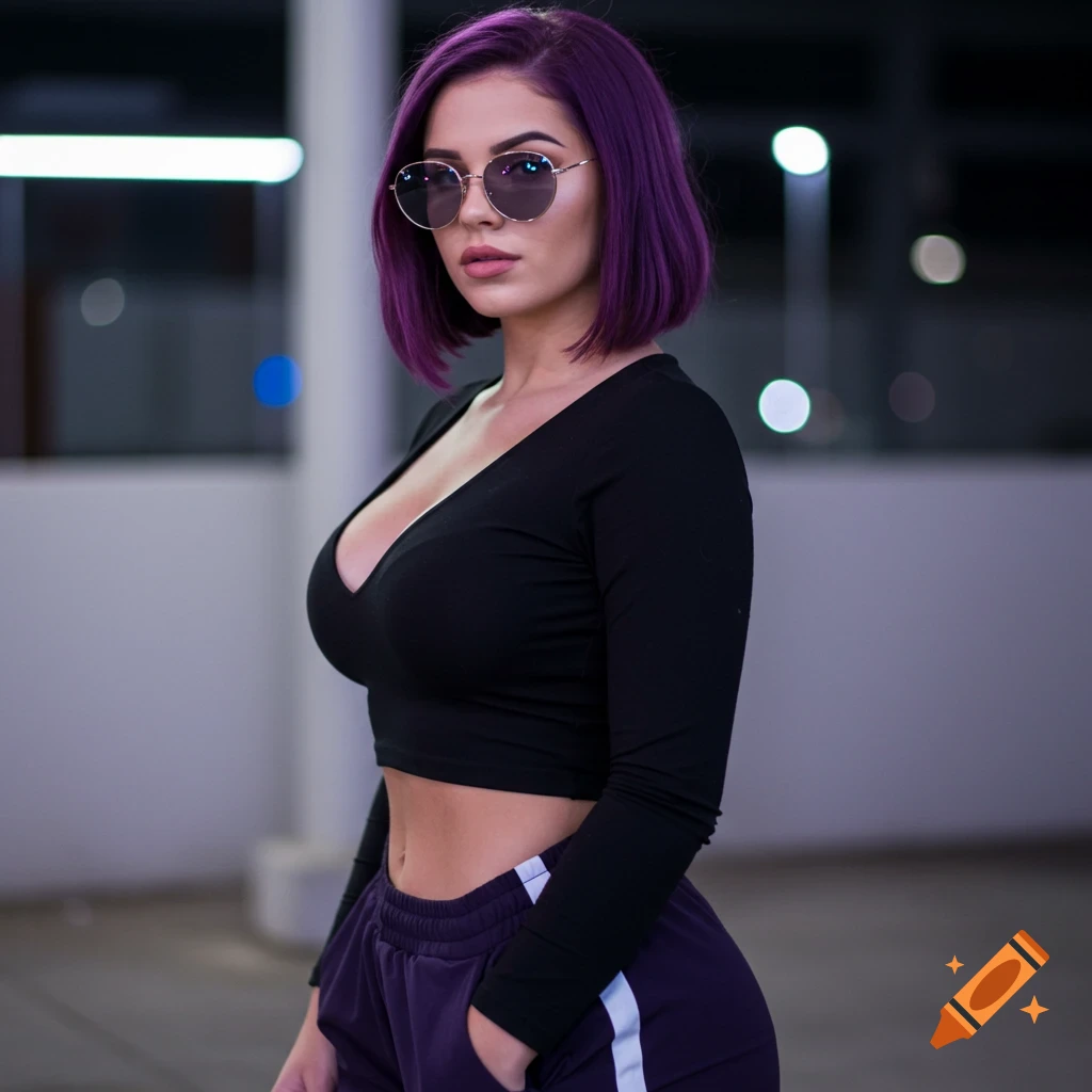 Photorealistic portrait of a woman with short purple hair and sunglasses wearing a black crop top and purple sweatpants.