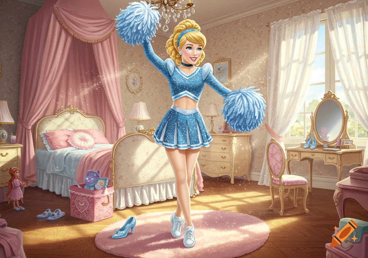Cinderella as a cheerleader in a blue and white uniform with pom-poms, standing in a sunlit, ornate pink princess bedroom.