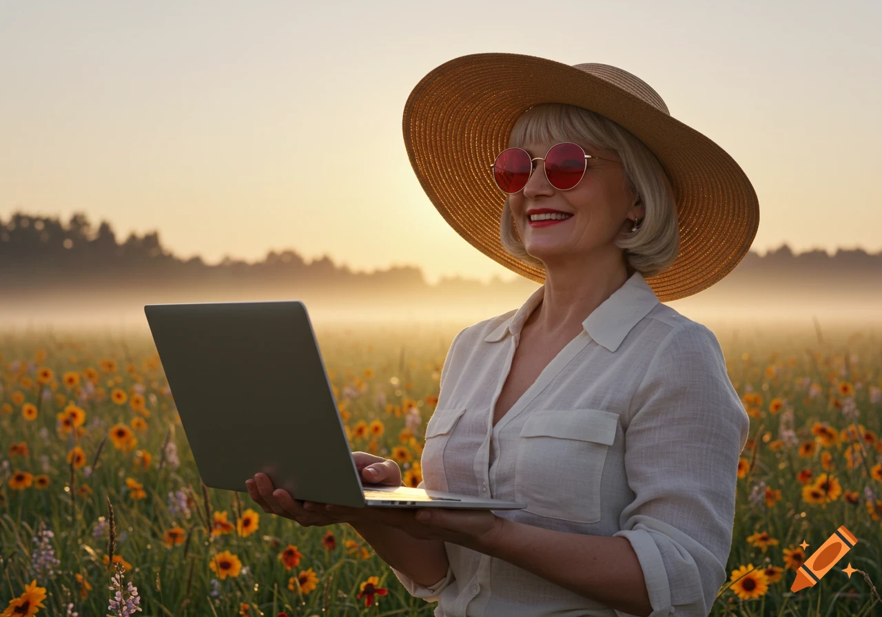 A smiling confident woman in a wide-brim hat and red sunglasses holds a laptop in a sunlit field of wildflowers at sunrise. Photorealistic style.