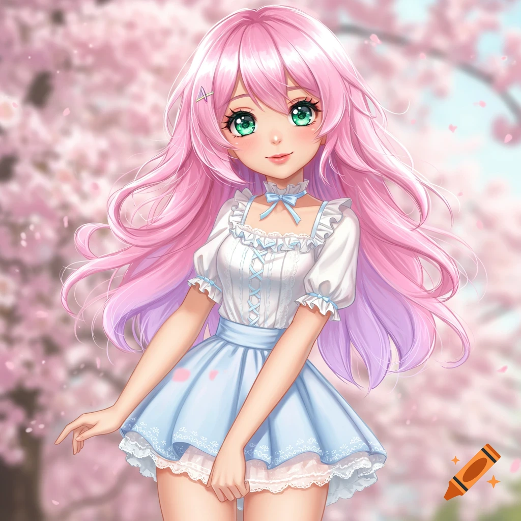 An anime girl with long pink hair and green eyes, wearing a white blouse and blue skirt, stands among pink cherry blossoms.