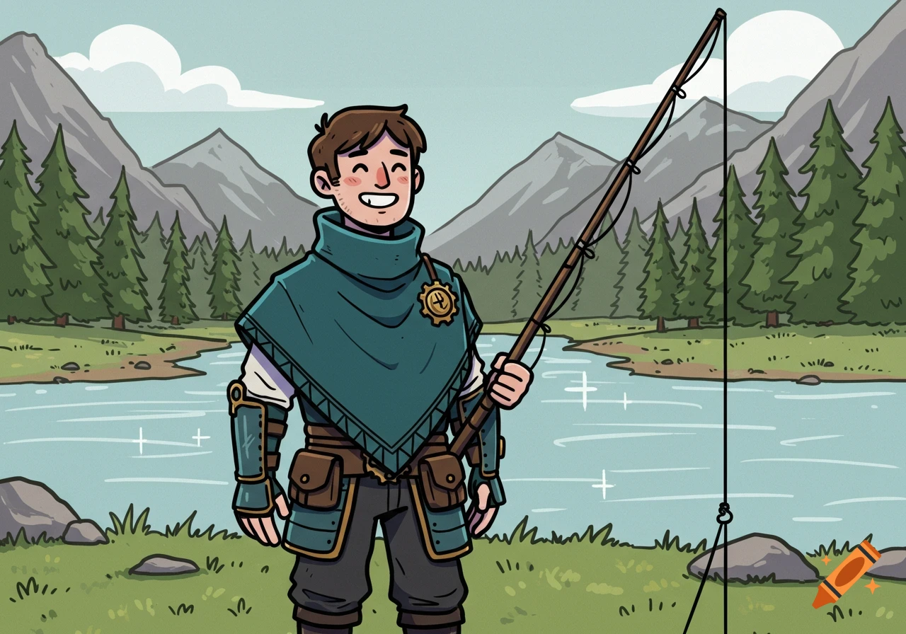 A smiling cartoon steampunk fisherman holds a fishing rod by a mountain river with pine trees.