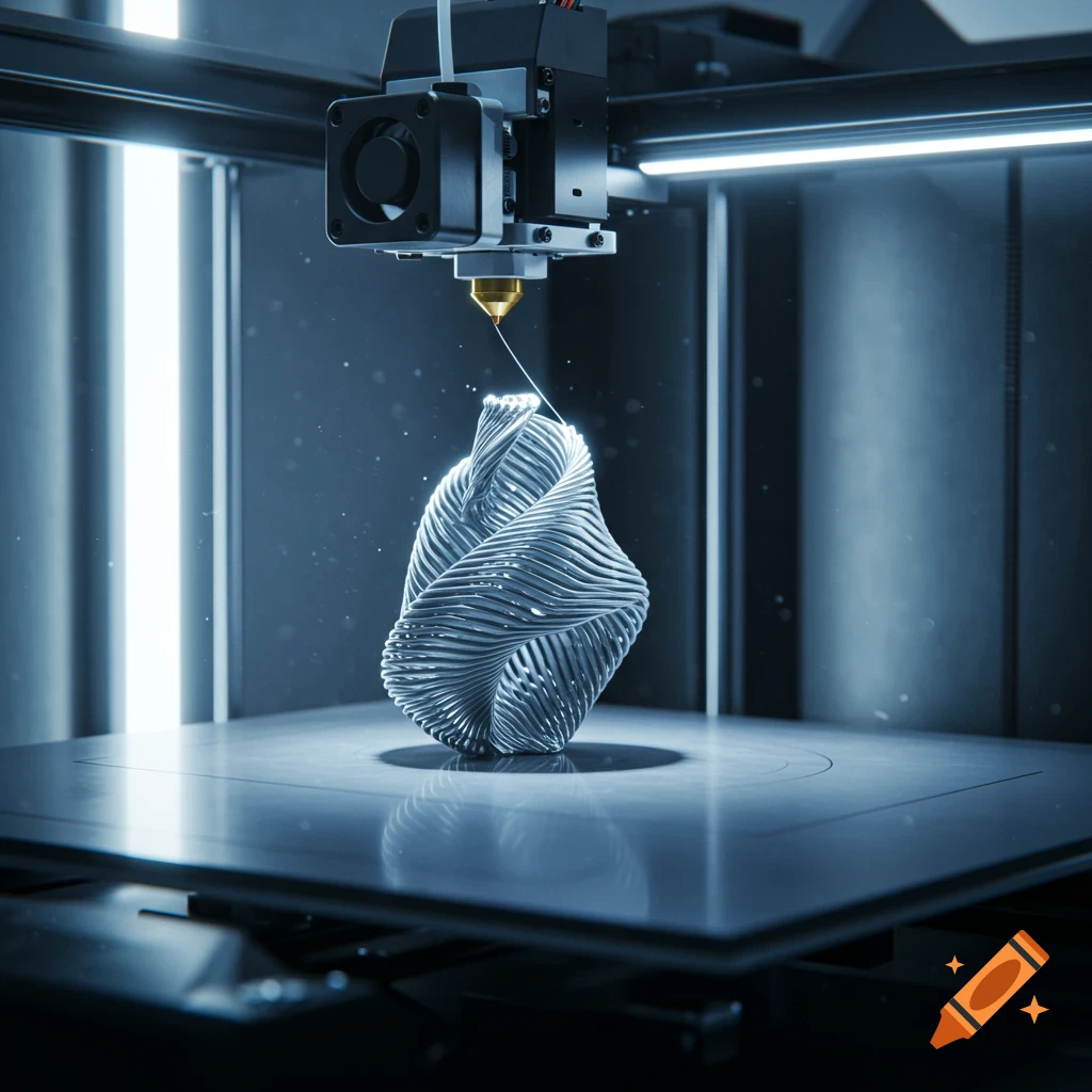 A photorealistic image of a 3D printer fabricating a complex, spiraled object on its printing bed.