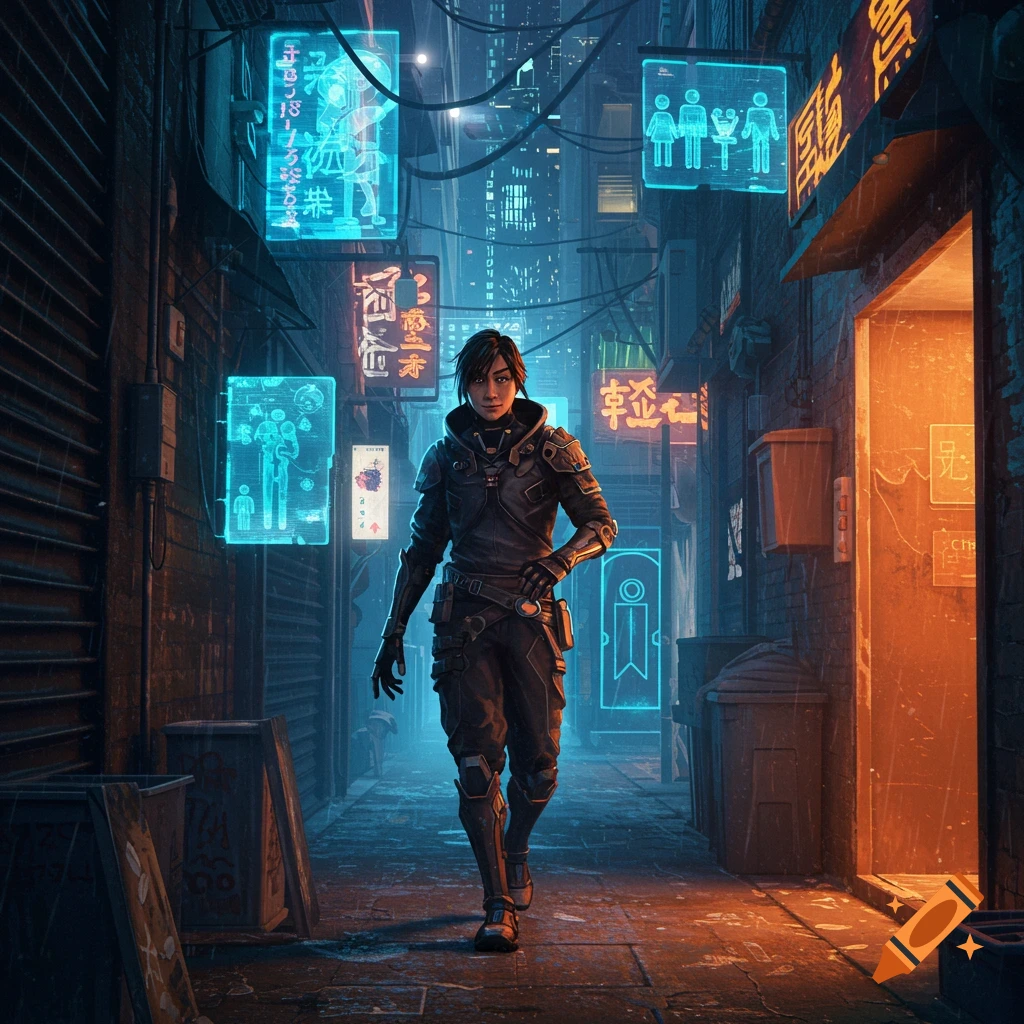 A lone female character in a dark, neon-lit cyberpunk alleyway.