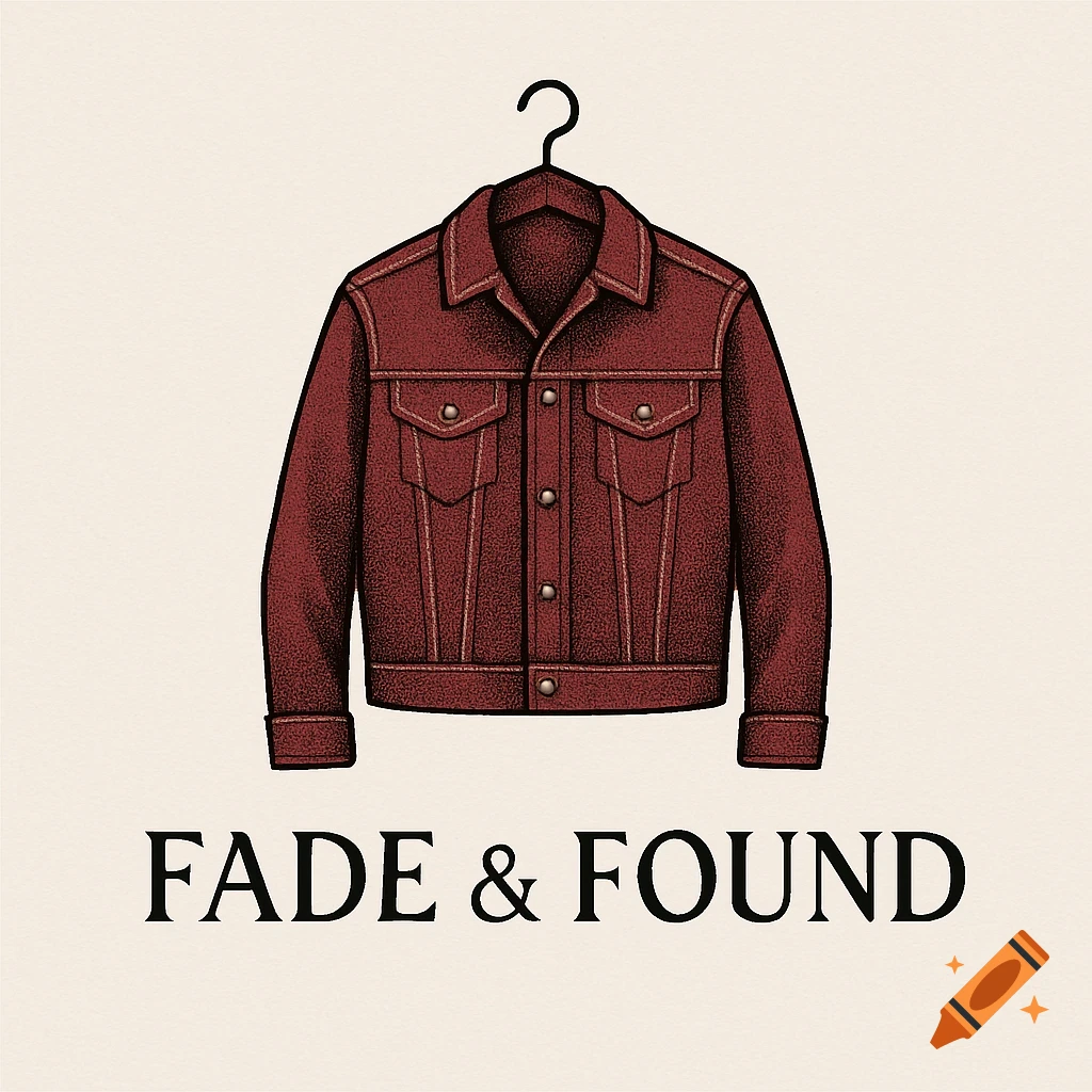 Illustration of a dark red denim jacket on a hanger with the text 'FADE & FOUND' below.