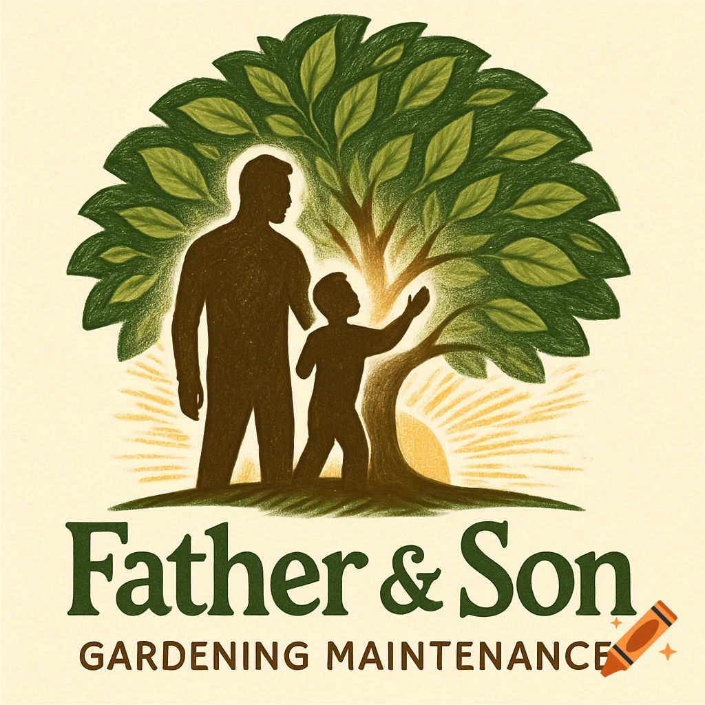 Logo illustration of father and son silhouettes under a green tree, with text 'Father & Son GARDENING MAINTENANCE'.