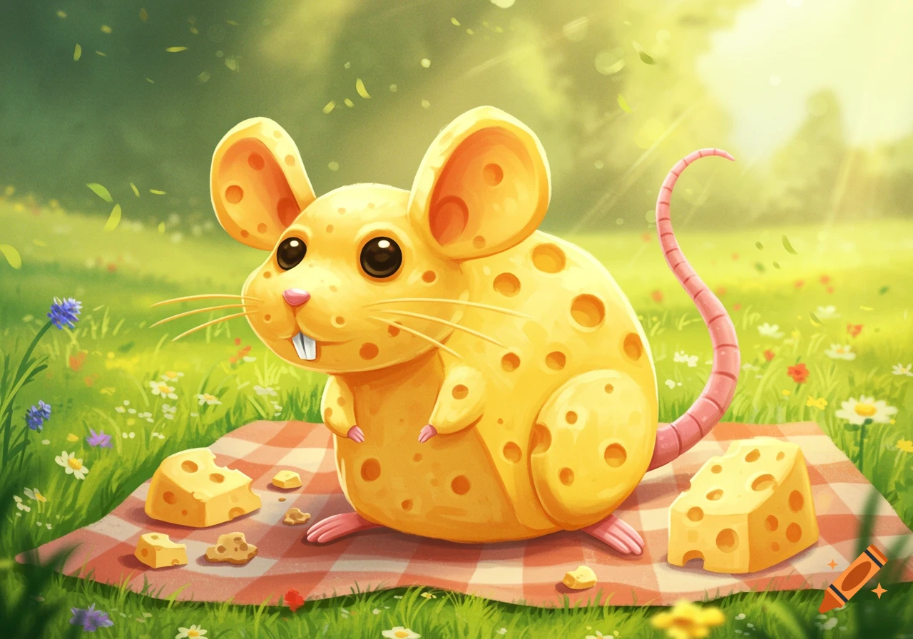 Cartoon cheese mouse on a picnic blanket in a sunny green field with flowers and cheese pieces.