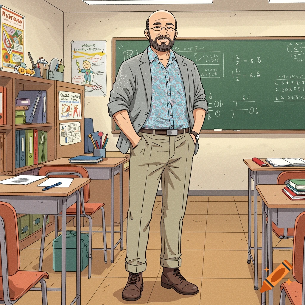 Manga-style cartoon of a male teacher with a beard and glasses, wearing a patterned shirt and jacket, standing in a lively classroom with desks, shelves, and a chalkboard.