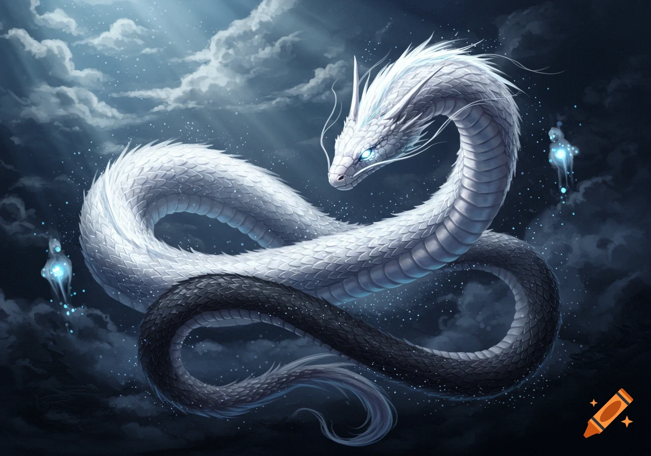 A majestic white and black spirit serpent with glowing blue eyes, gracefully coiled and surrounded by shimmering particles in a dark, cloudy sky.