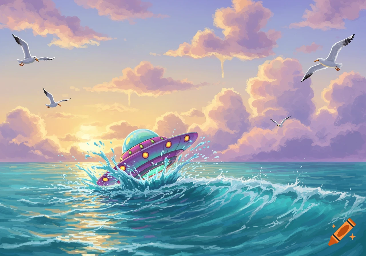 Vibrant cartoon illustration of a purple and green UFO splashing into a turquoise ocean at sunset, with seagulls flying under a colorful sky.