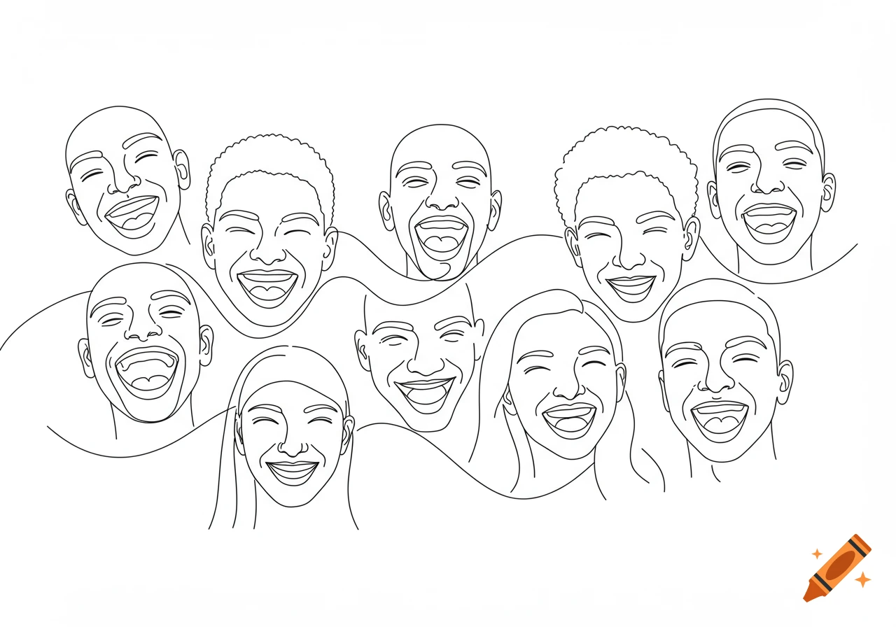 Black line art illustration of multiple diverse faces laughing with open mouths against a white background.