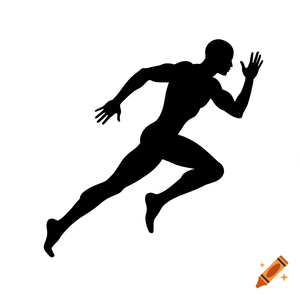 A black silhouette of a man running with arms pumping, against a white background.