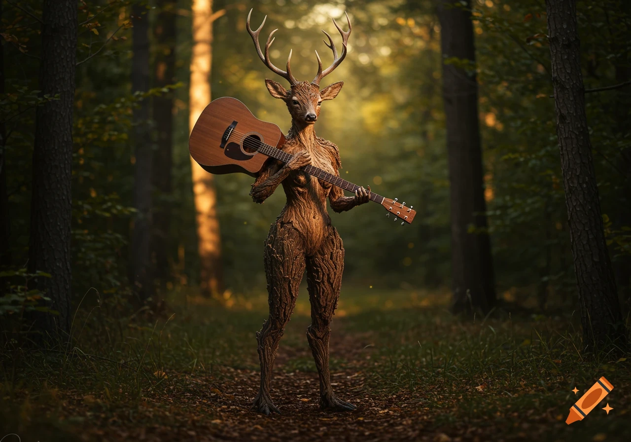 Photorealistic image of a humanoid deer with bark skin and antlers, holding a guitar in a sun-dappled forest.