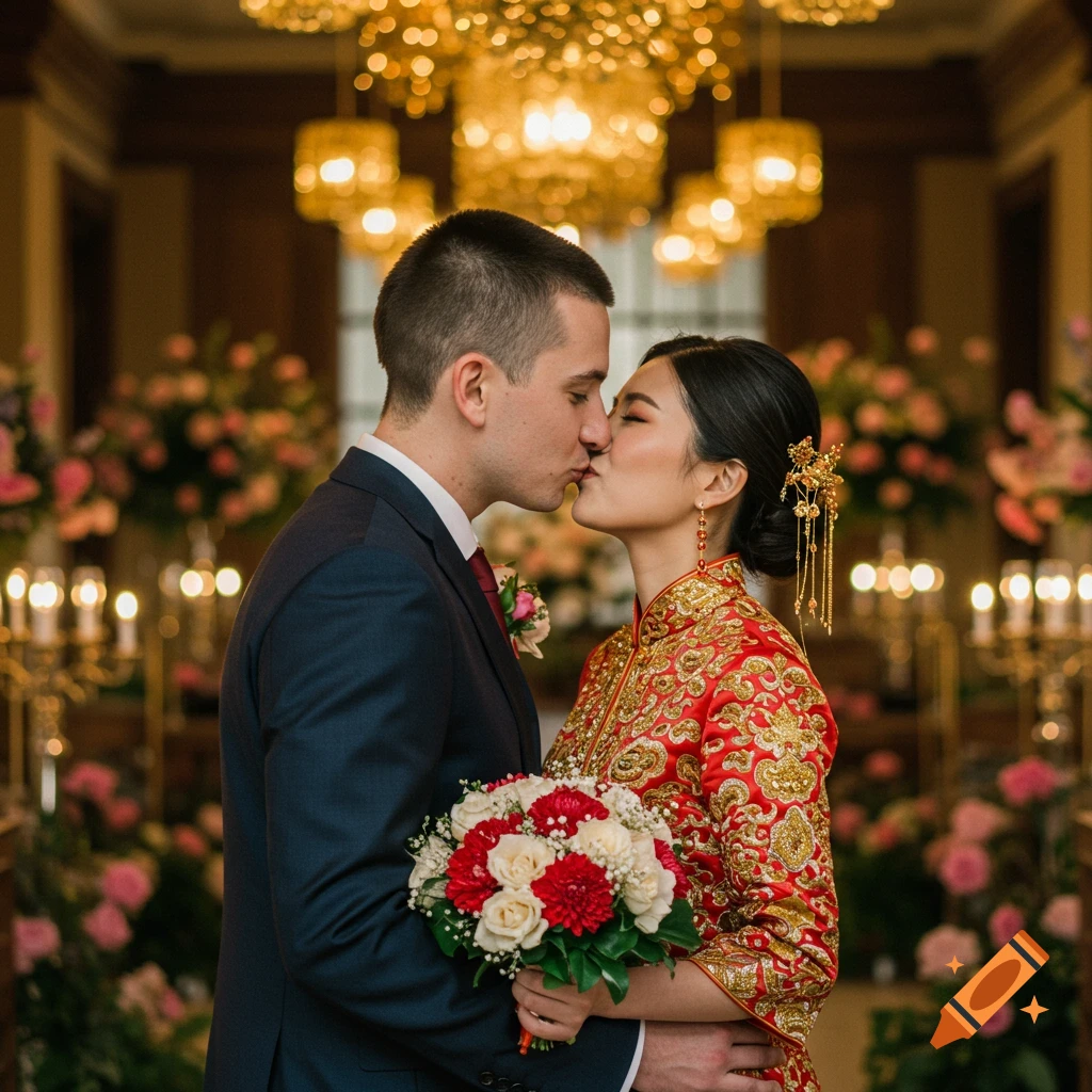 A man in a suit and a woman in a red traditional dress kiss at their wedding in a grand hall, holding a bouquet.