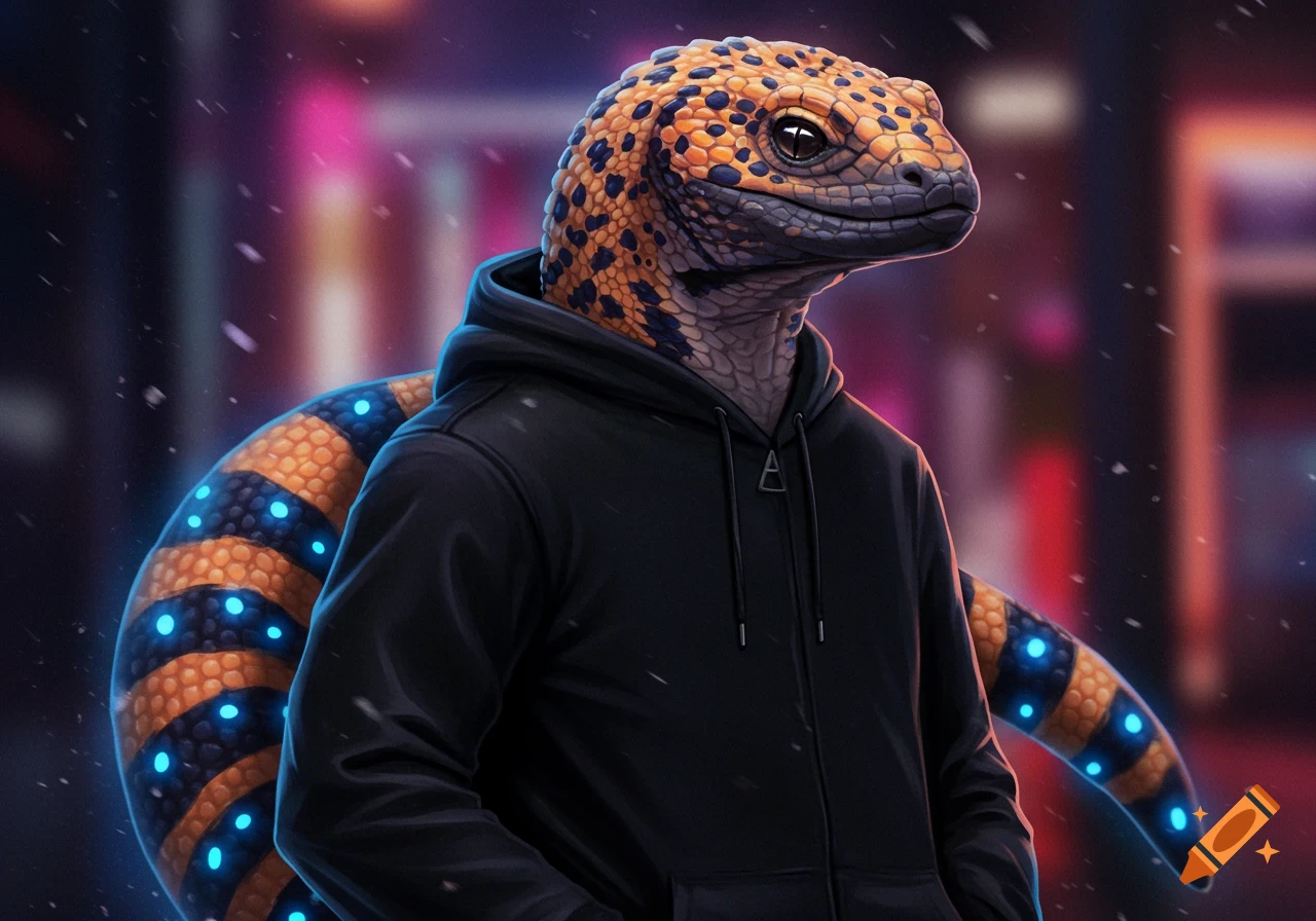 An anthropomorphic Gila monster with navy blue spots and glowing blue tail spots wears a black hoodie against a blurry neon city background in a digital art style.
