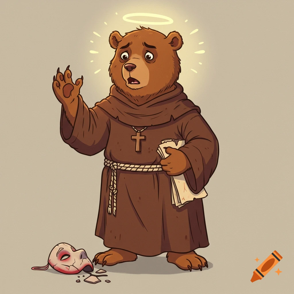 A worried cartoon bear dressed as a monk with a halo holds papers, standing next to a broken, bloody mask on the ground.