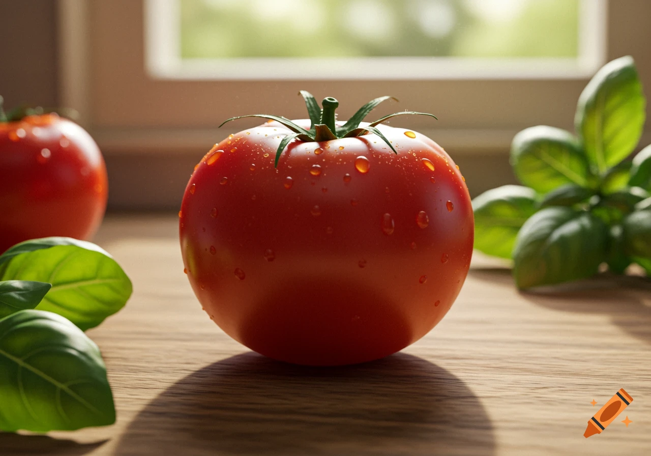 A photorealistic close-up of a red tomato covered in water droplets on a wooden surface, with green basil leaves and another blurred tomato in the background.