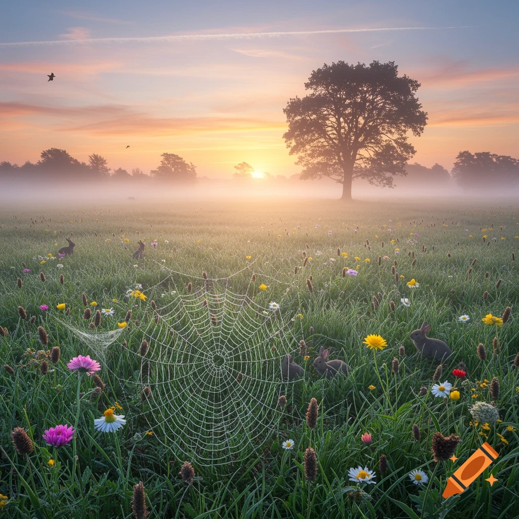 A photorealistic misty meadow at sunrise with bunnies, colorful wildflowers, and a dew-covered spiderweb in the foreground.