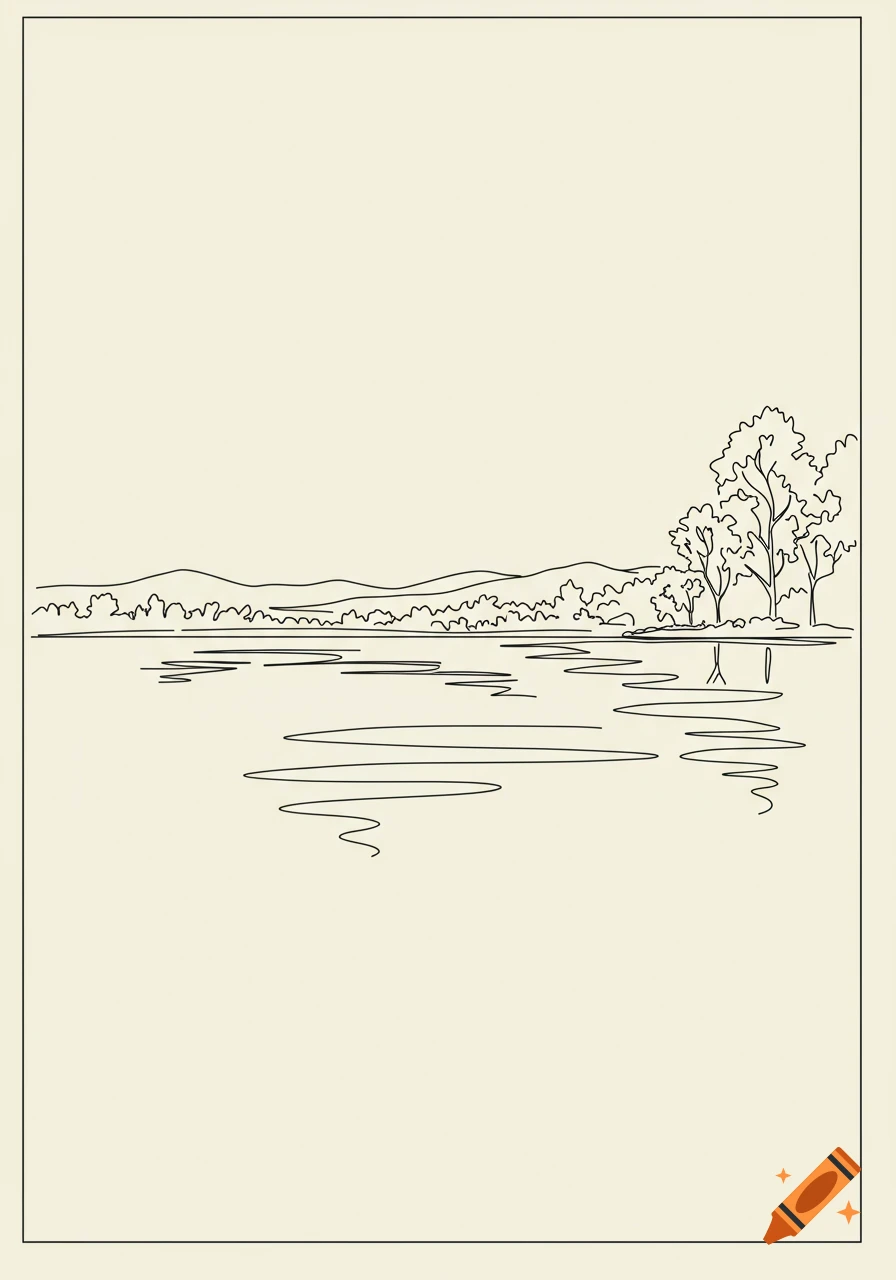 Simple line drawing of a lake with distant hills and trees along the shore, on a light background.