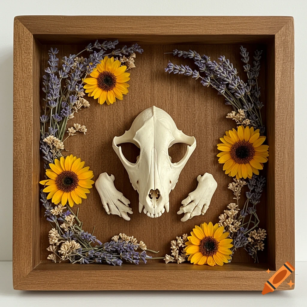 A photorealistic image of a canine skull and paw bones displayed in a wood-framed shadow box, surrounded by dried lavender and sunflowers.
