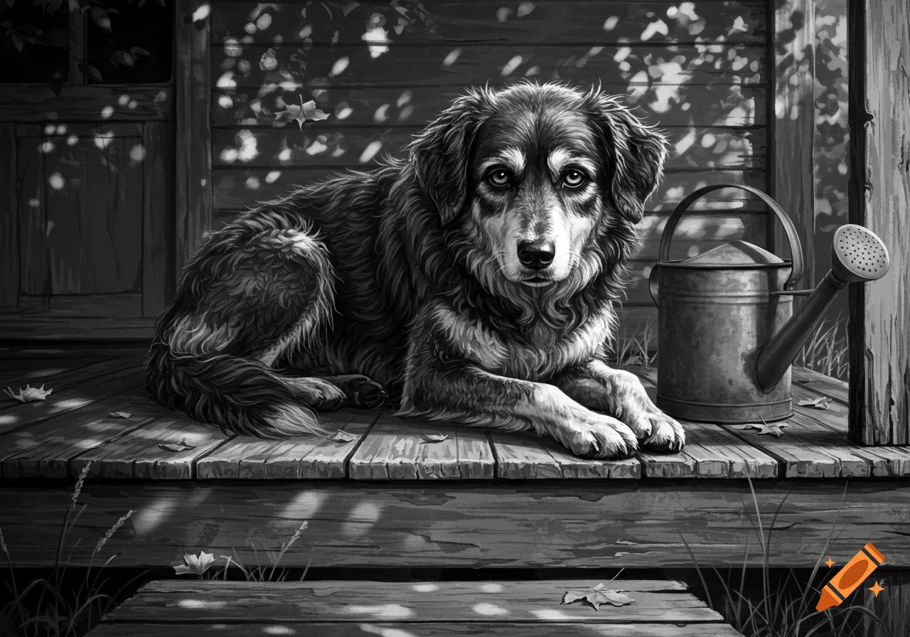 A black and white image of a shaggy dog with sad eyes lying on a wooden porch next to a watering can.