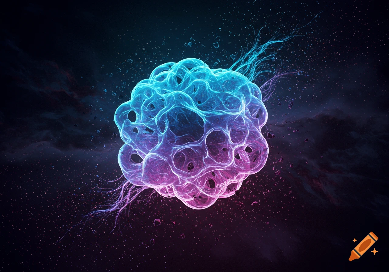 A vibrant, bioluminescent abstract form resembling a glowing cell or organism, with intricate, porous structures in blue and pink hues, against a dark, starry background.