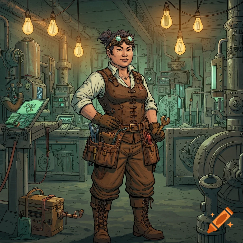 A comic-style steampunk mechanic with goggles and a tool belt stands in a workshop.