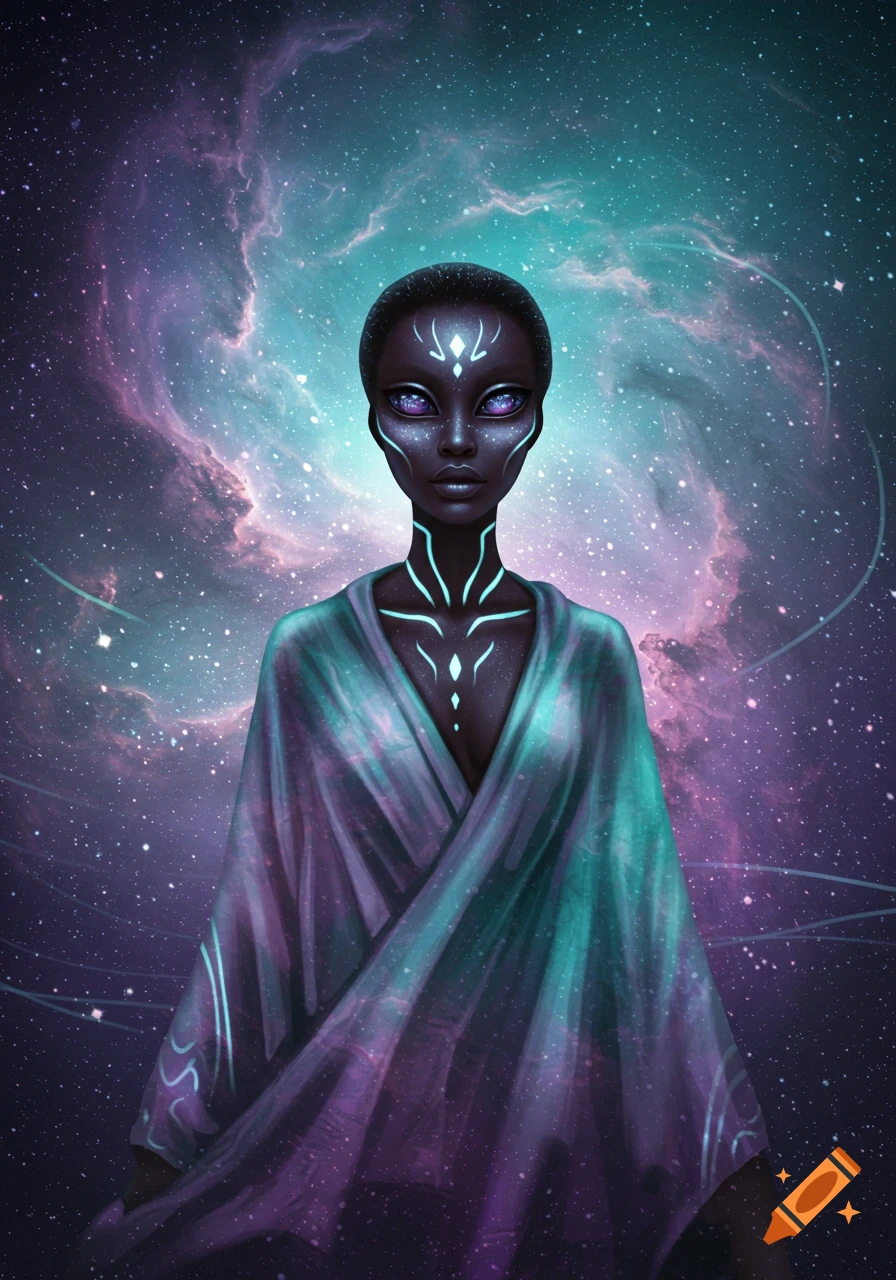 A dark-skinned alien woman with glowing purple eyes and teal markings, wearing a flowing purple and teal robe, stands before a cosmic nebula.