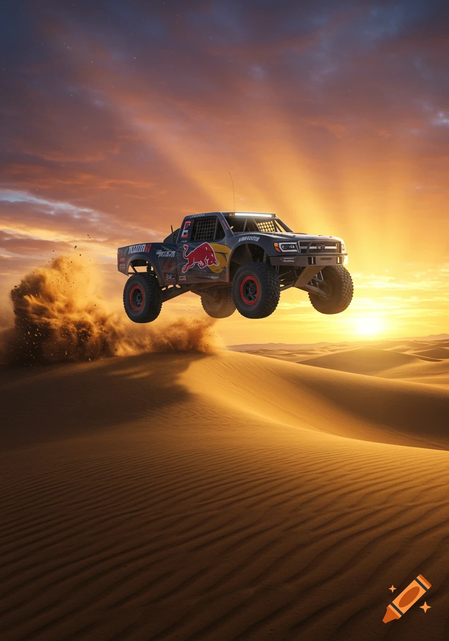 A trophy truck jumps over sand dunes at sunset, kicking up a plume of dust.